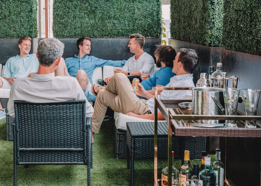 Corporate team meeting outdoors during a Marbella company retreat